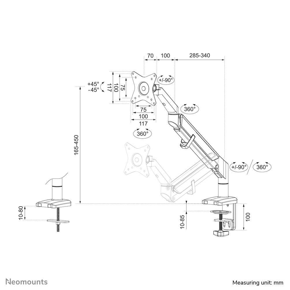 Neomounts DS70-810BL1 Monitorarm 17-32" - Gasfeder - platzsparend - 180°-Stopp